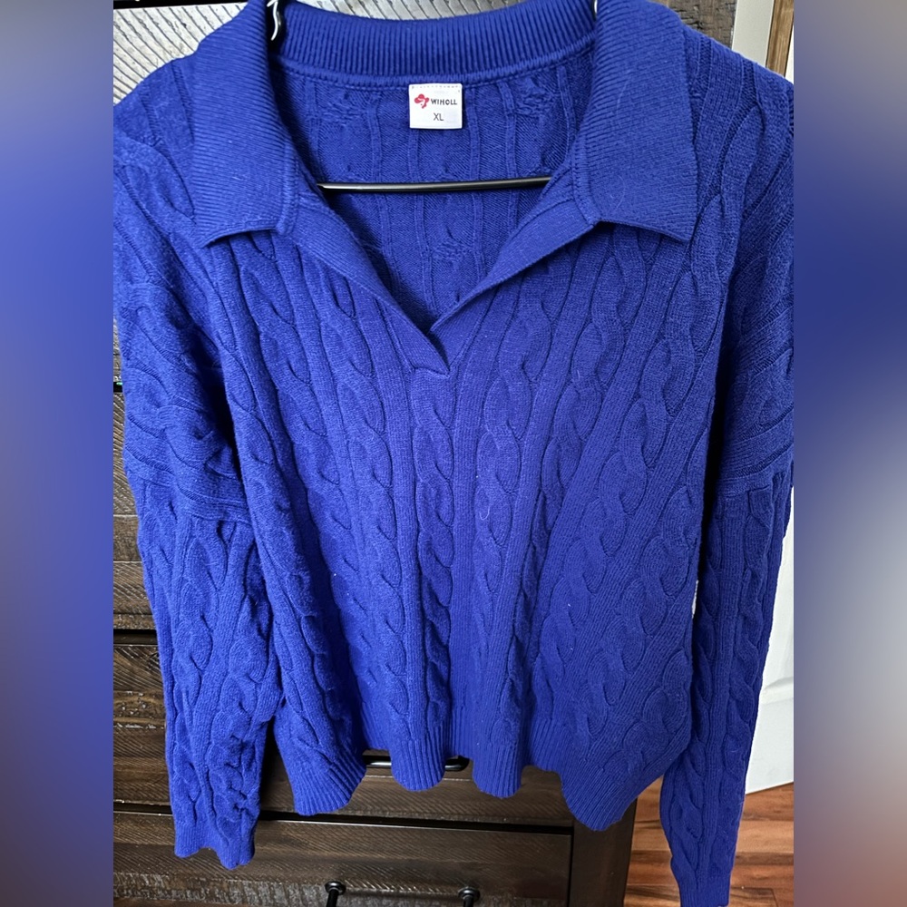 Classic Cable Knit Polo Sweater - Royal Blue